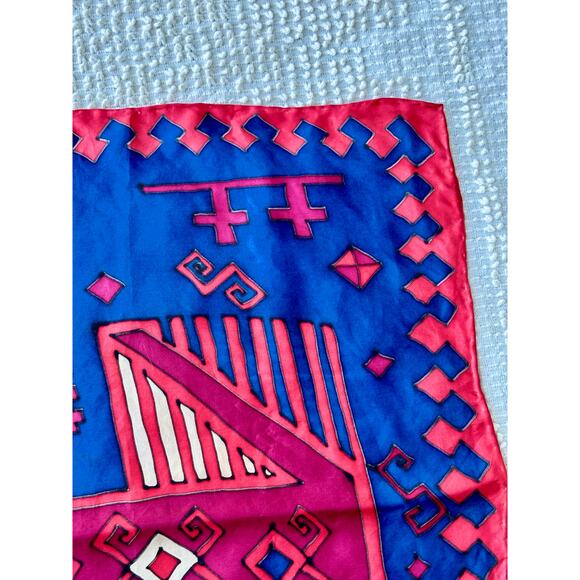 Vintage Silk Scarf Hand Painted Abstract Horse Blue Red 16" Geometric - Picture 4 of 8